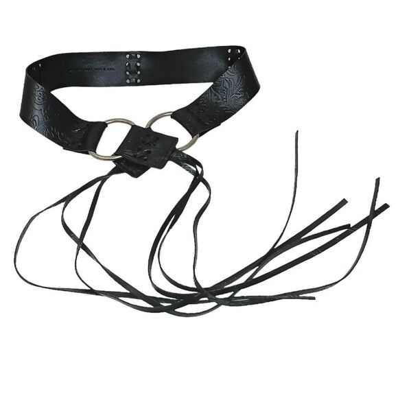 Accessories - Black Leather Boho Belt Fringe Tassel Silver Metal Rings